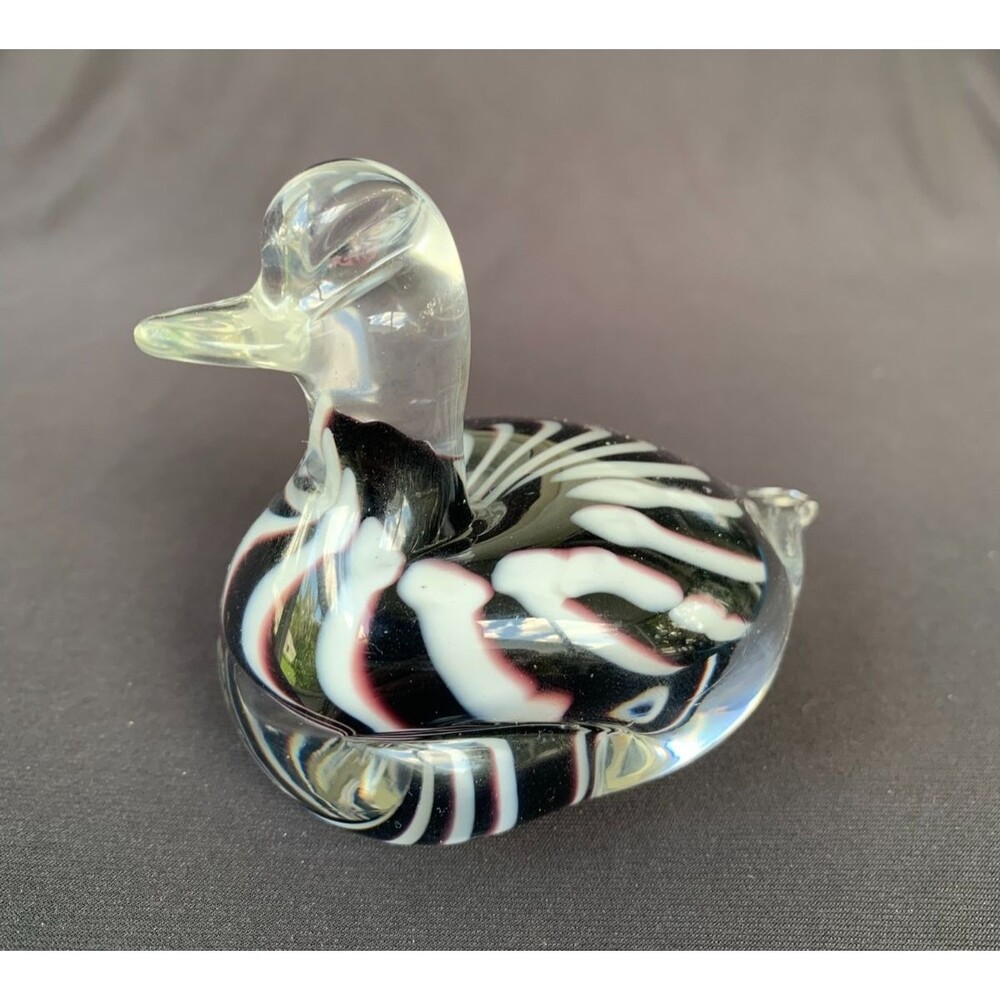 Vintage Lefton Hand Blown Glass Duck Black & White Zebra Swirl Art Glass
